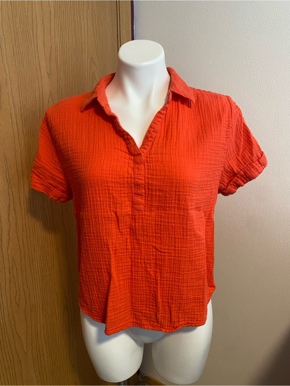 Sonoma Orange Short-Sleeve Crinkle Polo Blouse